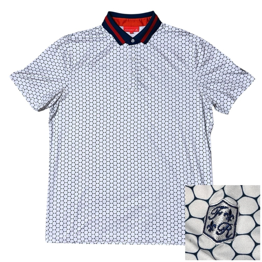 Redvanly Golf Polo Mens L White Blue Red Geometric Short Sleeve Embroidered EUC